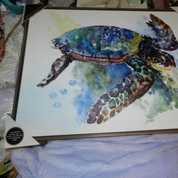 American Flat Sea Turtle Canvas Painting in Wood Frame Local Artist NEW/NWT! - Picture 2 of 10